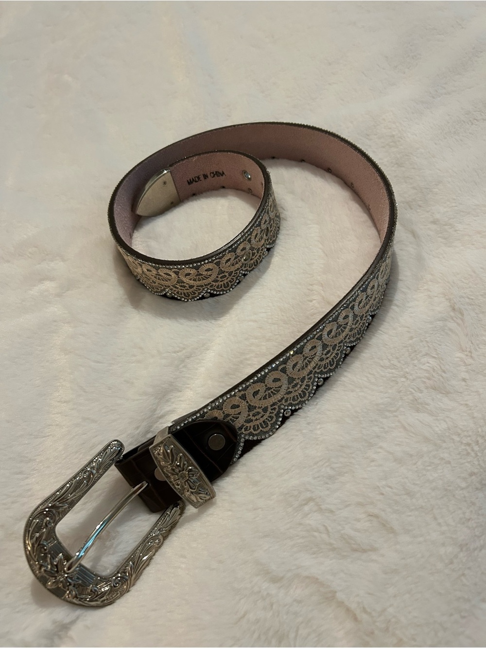 Embellished Brown Western Belt with Silver Lace Detailing